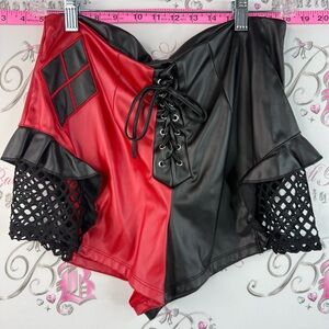 DC Red and Black High Waist Shorts with Lace-Up Front Harley Quinn Batman